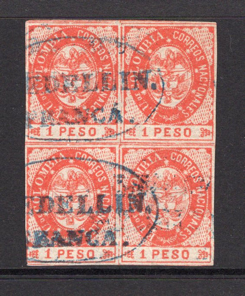 COLOMBIA - 1865 - CLASSIC ISSUE & MULTIPLE: 1p rose, a superb used block of four with two strikes oval MEDELLIN FRANCA marking in blue. Margins all round, just touching at lower left but otherwise a fine & rare multiple. (SG 38a)  (COL/39621)