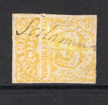 COLOMBIA - 1870 - CANCELLATION: 5c yellow used with SALAMINA manuscript cancel. Four good to tight margins. (SG 62a)  (COL/39626)