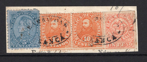 COLOMBIA - 1886 - MIXED ISSUE FRANKING: 1868 1p vermilion 'United States of Colombia' imperforate issue, Type D plus 1886 5c ultramarine on blue and pair 10c orange 'Republic of Colombia' perforated issue all tied on small piece by two strikes of undated oval BARBACOAS FRANCA cancel in black. An unusual combination of issues. (SG 57, 124c & 125)  (COL/39627)