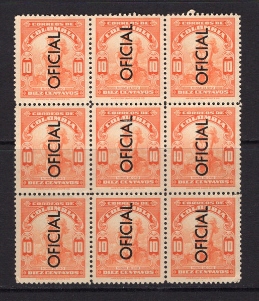 COLOMBIA - 1937 - OFFICIAL ISSUE & MULTIPLE: 10c orange 'Gold Mining' issue with 'OFICIAL' overprint in black. A fine mint block of nine. A scarce issue in multiples. (SG O499)  (COL/39813)