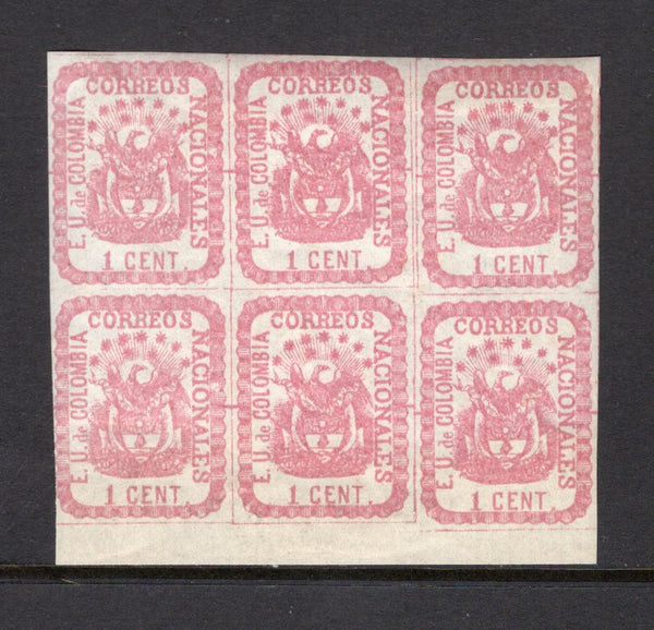 COLOMBIA - 1865 - MULTIPLE: 1c rose on white paper, a fine bottom marginal block of six mint with full O.G. A superb & very scarce multiple. (SG 31)  (COL/39816)