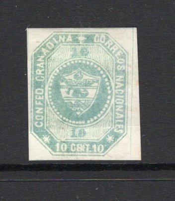 COLOMBIA - 1859 - PROOF: 10c dull blue green 'Grenadine Confederation' issue IMPERF PROOF on white paper. Light horizontal crease but rare. Small reference article accompanies showing a different example with certificate. (As SG 4)  (COL/39817)