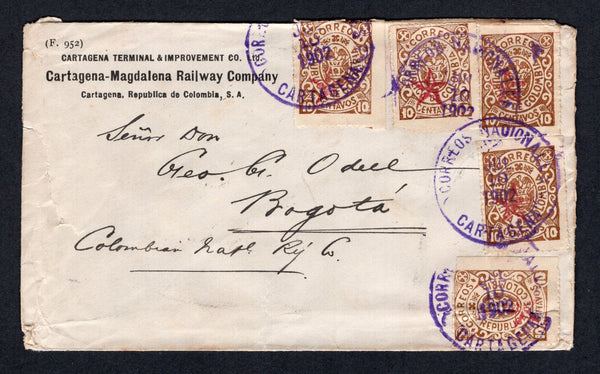 COLOMBIA - 1902 - 1000 DAYS WAR & CENSORSHIP: Cover with printed 'Cartagena Terminal & Improvement Co., Cartagena-Magdalena Railway Company, Cartagena, Republica de Colombia, S.A.' company imprint at top left franked with 5 x 1902 10c brown 'Cartagena' issue with 'Star' control mark in red (SG 188) tied by CARTAGENA cds's dated JUL 10 1902. Addressed internally to BOGOTA with good strike of large circular 'JEFETURA CIVIL Y MILITAR DEL DEPARTAMENTO DE BOLIVAR' Arms censor mark in purple on reverse. Cover a 
