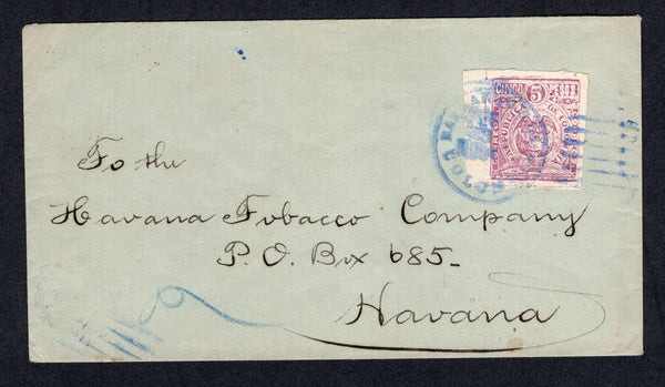 COLOMBIA - 1904 - 1000 DAYS WAR & DESTINATION: Cover franked with single 1903 5p purple 'Barranquilla' issue with four margins (SG 238A) tied by BARRANQUILLA cds in blue. Addressed to CUBA with KINGSTON, JAMAICA, SANTIAGO DE CUBA and HAVANA arrival cds's on reverse. A scarce stamp used on cover.  (COL/39912)