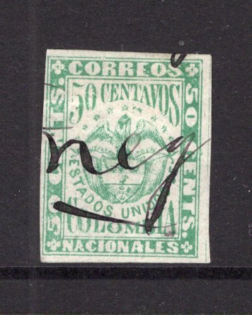 COLOMBIA - 1876 - CLASSIC ISSUES: 50c green on white LAID paper, a fine four margin copy used with part manuscript cancel in black. (SG 82)  (COL/40172)