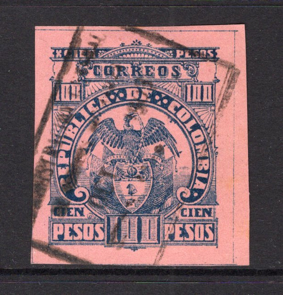COLOMBIA - 1902 - 1000 DAYS WAR: 100p deep blue on deep rose 'Bogota' issue, a fine used copy with part boxed cancel. Uncommon & underrated stamp. (SG 206A)  (COL/40175)