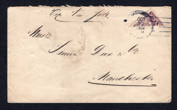 COLOMBIA - 1904 - BISECT: Cover franked with 1904 10c mauve 'Gold Currency' issue (SG 263) on pelure paper diagonally BISECTED and tied by BARRANQUILLA cds dated OCT 27 1904. Addressed to UK with arrival cds on reverse.  (COL/40280)
