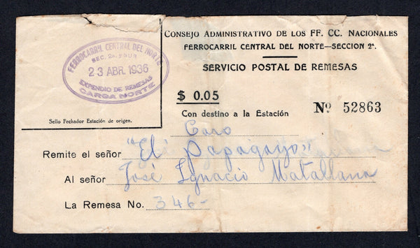 COLOMBIA - 1936 - RAILWAY & OFFICIAL MAIL: Stampless printed 'Consejo Administrativo de los FF. CC. Nacionales, Ferrocarril Central del Norte - Seccion 2a, SERVICIO POSTAL DE REMESAS' 5c envelope for official confirmation of receipt of cargo used with fine oval FERROCARRIL CENTRAL DEL NORTE EXPENDIO DE REMESAS CARGA NORTE cancel in purple dated 23 ABR 1936. Addressed to ESTACION LA CARO. Cover has some opening faults and creasing but otherwise very scarce.  (COL/40281)
