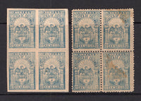 COLOMBIA - 1902 - 1000 DAYS WAR & MULTIPLE: 20c blue on buff 'Bogota' issue, two mint blocks of four perf 12 and imperf. The perforated block has a slight gum mark on face. (SG 199A & 199Ba)  (COL/40315)