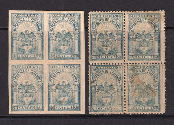 COLOMBIA - 1902 - 1000 DAYS WAR & MULTIPLE: 20c blue on buff 'Bogota' issue, two mint blocks of four perf 12 and imperf. The perforated block has a slight gum mark on face. (SG 199A & 199Ba)  (COL/40315)