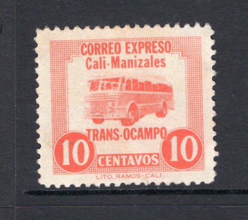 COLOMBIAN PRIVATE EXPRESS COMPANIES - 1952 - TRANSOCAMPO: 10c pale red 'Trans-Ocampo' EXPRESS issue showing picture of a Bus, established to run a service from Cali to Manizales, a fine unused copy without gum. Scarce.  (COL/40391)