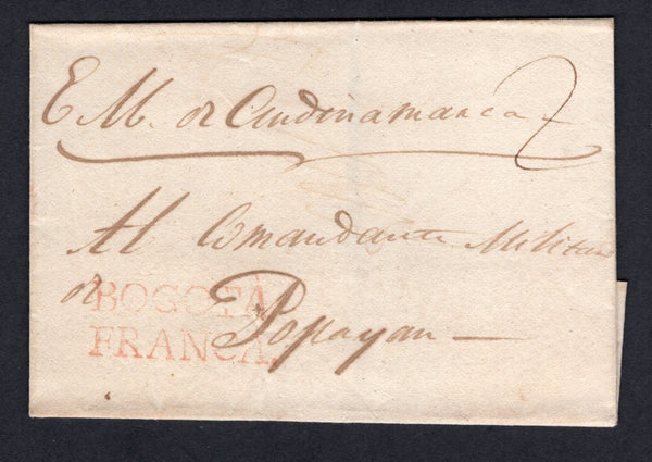 COLOMBIA - 1821 - PRESTAMP: Circa 1821. Cover with manuscript 'E U a Cundinamarca' at top sent from BOGOTA to POPAYAN with fine strike of two line BOGOTA FRANCA marking in red. Rated '2' in manuscript on front.  (COL/40404)