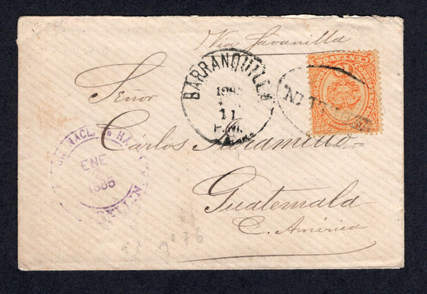 COLOMBIA - 1885 - DESTINATION: Cover with manuscript 'Via Savanilla' at top franked with single 1883 10c orange on yellow (SG 111) tied by large undated oval MEDELLIN cancel in black with MEDELLIN cds in purple alongside dated JAN 2 1885. Addressed to GUATEMALA with BARRANQUILLA transit cds on front. Very attractive.  (COL/40580)