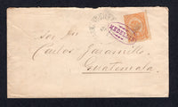 COLOMBIA - 1886 - DESTINATION: Cover franked with single 1883 10c orange on yellow (SG 111) tied by small undated oval MEDELLIN cancel with ornaments in purple. Addressed to GUATEMALA with BARRANQUILLA transit cds on front dated ABR 7 1886. Very attractive.  (COL/40581)