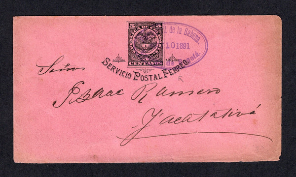 COLOMBIA - 1891 - TRAVELLING POST OFFICES & POSTAL STATIONERY: 5c black on rose 'SERVICIO POSTAL FERRO' postal stationery envelope (H&G B1) with part strike of 'FRANCISO A. GUZMAN' company cachet on reverse used with fine strike of oval FERROCARRIL DE LA SABANA BODEGA DE BOGOTA cancel in purple dated SET 10 1891 on front. Addressed to FACATATIVA. Part of backflap missing but otherwise a very rare envelope correctly used on the railway.  (COL/40639)