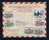 COLOMBIAN AIRMAILS - AVIANCA - 1955 - AIRMAIL, CANCELLATION & COFFEE THEMATIC: Printed 'Federacion Nacional de Cafeteros de Colombia' (Federation of Coffee Growers) airmail cover franked with 5 x 1954 10c black and 1955 5c deep blue (SG 789 & 853) tied by multiple strikes of three line AEROVIAS NACIONAL DE COLOMBIA AVIANCA AGENCIA CHINCHINA cancel in purple with '19 DIC 1955' date handstamp alongside. Addressed to SPAIN.  (COL/40643)