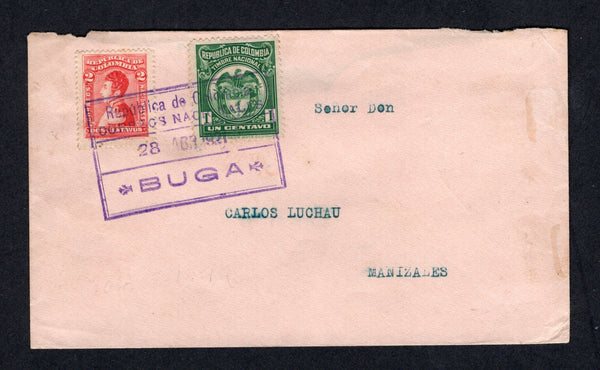 COLOMBIA - 1921 - POSTAL FISCAL: Commercial cover franked with 1917 2c carmine (SG 359) and 1920 1c green 'ABNCo.' REVENUE issue tied by boxed BUGA cancel in purple dated 28 ABR 1921. Addressed internally to MANIZALES.  (COL/40842)