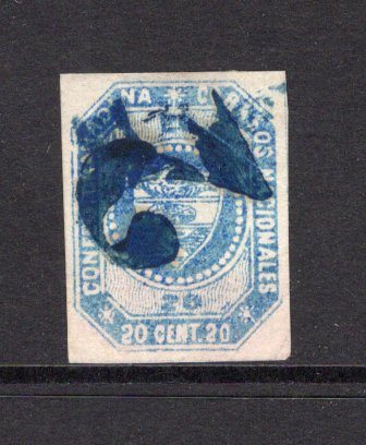 COLOMBIA - 1859 - CLASSIC ISSUES: 20c blue 'First Issue' a superb used copy with complete strike of '2' rate marking cancel in blue, four margins. (SG 5)  (COL/40868)