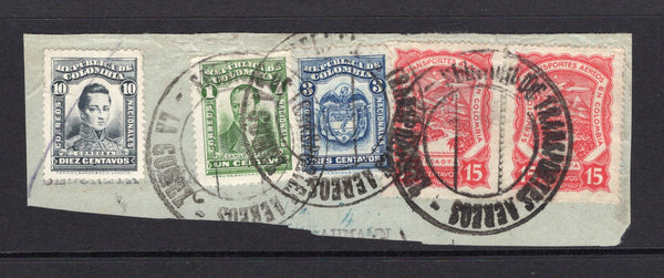 COLOMBIAN AIRMAILS - SCADTA - 1921 - CANCELLATION: Large piece with 1917 1c green & 10c grey and 1923 3c blue national issues and 1929 pair 15c carmine red SCADTA issue tied by multiple strikes of large undated SERVICIO DE TRANSPORTES AEREOS LA GOMEZ cancel in black. A rare small SCADTA postal agency cancel. (SG 358, 362, 394 & 39)   (COL/40905)