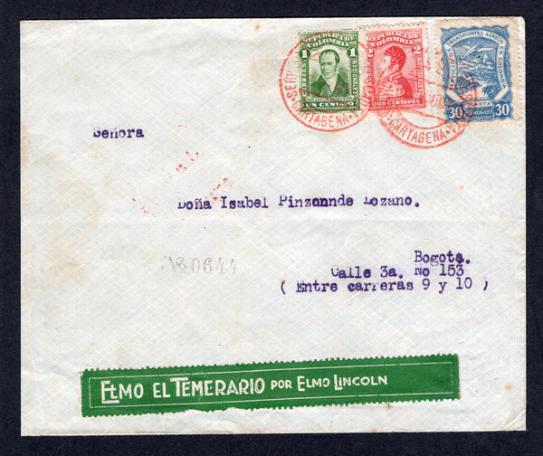 COLOMBIAN AIRMAILS - SCADTA - 1924 - CINDERELLA: Cover franked with 1917 1c green and 2c carmine national issue and 1923 30c dull blue SCADTA issue with secret dot (SG 358/359 & 41) tied by CARTAGENA SCADTA cds's in red dated 19.V.1924 with two long green labels inscribed 'ELMO EL TEMERARIO POR ELMO LINCOLN' and 'LA SIN VENTURA POR EL CABALLERO AUDAZ' one on front & one on reverse seemingly advertising the latest Elmo Lincoln film and the novel 'The Audacious Knight'. Addressed to BOGOTA with transit & arr