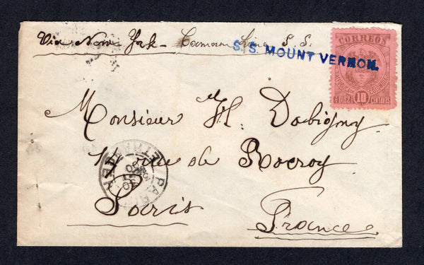 COLOMBIA - 1900 - MARITIME & CANCELLATION: Cover from Martinique with 'Maurice Clerc Hn Ermitage, St Joseph, Martinique' imprint on flap franked with 1898 10c brown on rose (SG 173) tied by fine strike of straight line 'S/S MOUNT VERNON' Ship cancel in blue. Addressed to FRANCE with PARIS ETRANGER arrival cds dated 30 SEP 1900 on front and NEW YORK transit cds on reverse. Very attractive.  (COL/40924)