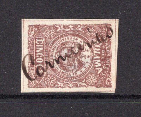 COLOMBIAN STATES - TOLIMA - 1884 - CANCELLATION: 5c brown used with CARNICERIAS manuscript cancel. A scarce issue in used condition and a scarce cancel. Stamp is thinned. (SG 28)  (COL/41060)