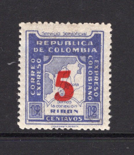 COLOMBIAN PRIVATE EXPRESS COMPANIES - 1934 - RIBON: 5c on 12c violet blue 'Ribon' EXPRESS issue, a fine mint copy. (Hurt & Williams #9)  (COL/41063)