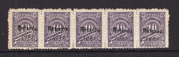 COLOMBIA - 1920 - CINDERELLA: 10c violet 'PROVISIONAL' issue, perf 10, with BOGUS 'Retardo 1921' overprint in black, a fine mint strip of five showing variations in type and proving that the overprint was set up to print on at least a setting of five. (SG 386B)  (COL/41200)