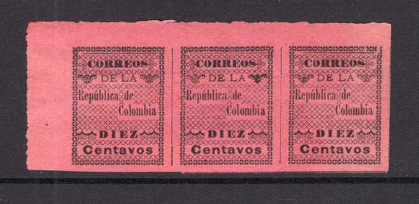 COLOMBIAN STATES - CAUCA - 1902 - PROVISIONAL ISSUE: 20c black on red, imperf, a fine mint corner marginal strip of three. (SG 2)  (COL/41201)