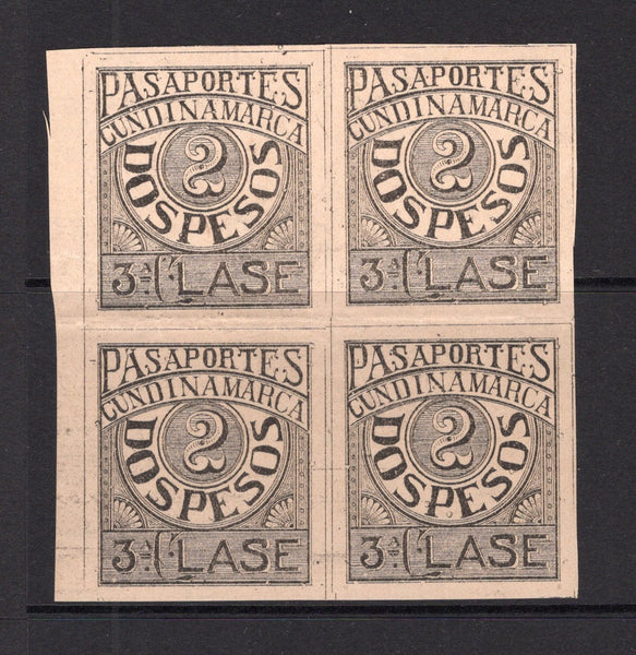 COLOMBIAN STATES - CUNDINAMARCA - 1899 - REVENUE: 2p black on buff 'Pasaportes' REVENUE issue, a fine mint imperf block of four. (Anyon #2)  (COL/41290)