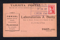 COLOMBIA - 1929 - CANCELLATION: Postcard franked 1917 2c carmine (SG 359) tied by fine large boxed CHIA (CUND) cancel in purple. Addressed to FRANCE.  (COL/453)