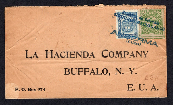 COLOMBIA - 1927 - CANCELLATION: Circa 1927. Cover franked with 1923 3c blue & 1926 1c green (SG 394 & 410) tied by unboxed ANSERMA (CALDAS) cancel in blue. Addressed to USA.  (COL/456)