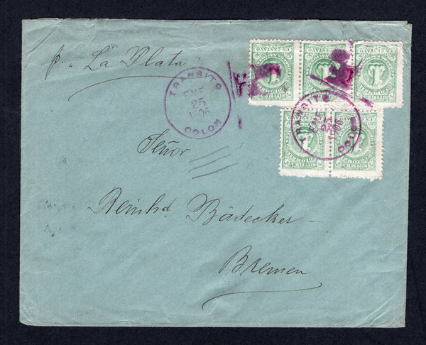 COLOMBIA - 1906 - CANCELLATION: Cover from BARRANQUILLA (Company imprint on flap) franked with 1904 1c green NUMERAL issue (SG 272, Die 2) five copies on front and a further five copies on reverse all tied by multiple strikes of TRANSITO COLON 'Flag' cancellation of PANAMA in bright purple. Addressed to GERMANY endorsed 'Pr La Plata' (Ship name) with USA transit and German arrival marks. Superb.  (COL/474)