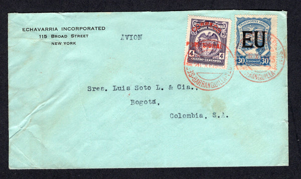 COLOMBIAN AIRMAILS - SCADTA - 1925 - CONSULAR OVERPRINTS: Cover from NEW YORK to BOGOTA with return address at top left franked with 1925 4c purple plus 1923 30c blue SCADTA issue with 'EU' consular overprint for use in the USA (SG 406 & 30F) tied on arrival by red BARRANQUILLA cds's. Addressed to BOGOTA with arrival cds on reverse.  (COL/482)