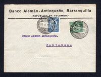 COLOMBIAN AIRMAILS - SCADTA - 1930 - PERFIN: Headed 'Banco Aleman - Antioqueno' envelope franked with 1923 4c blue (SG 395) plus 1929 15c green SCADTA issue (SG 58) both stamps with 'B.A.A.' PERFINS tied by BARRANQUILLA cds's to CARTAGENA with arrival cds on reverse. Perfins on Scadta issues are Rare.  (COL/487)