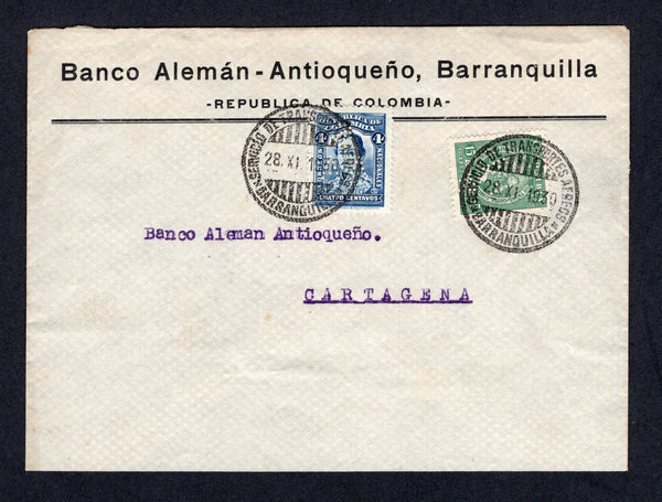 COLOMBIAN AIRMAILS - SCADTA - 1930 - PERFIN: Headed 'Banco Aleman - Antioqueno' envelope franked with 1923 4c blue (SG 395) plus 1929 15c green SCADTA issue (SG 58) both stamps with 'B.A.A.' PERFINS tied by BARRANQUILLA cds's to CARTAGENA with arrival cds on reverse. Perfins on Scadta issues are Rare.  (COL/487)