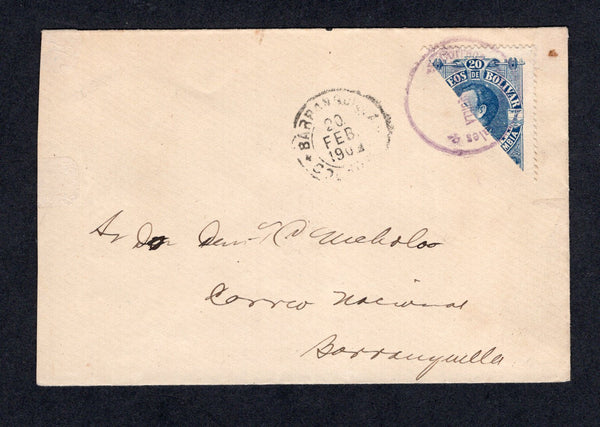 COLOMBIAN STATES - BOLIVAR - 1902 - BOLIVAR - BISECT: Small unsealed cover franked with 1891 20c blue (SG 59) diagonally BISECTED and tied by small CORREOS DEPARTMENTALES BARRANQUILLA in violet with BARRANQUILLA cds in black alongside. Addressed locally. Scarce.  (COL/492)