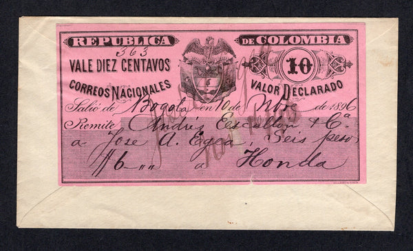COLOMBIA - 1896 - CUBIERTA: Cover franked on reverse with a fine 1892 10c black on pink 'Cubierta' (H&G CC31) sent from BOGOTA to HONDA, insured for 6 pesos and signed on arrival. Very fine & scarce.  (COL/8366)
