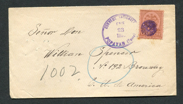COLOMBIA - 1899 - CANCELLATION: Cover franked with 1892 10c brown on rose (SG 155) tied by fine CORREOS NACIONALES POPAYAN duplex cds in purple. Addressed to USA with PANAMA TRANSITO cds on reverse.  (COL/8375)