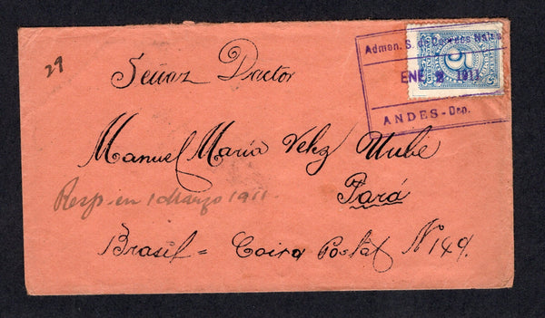COLOMBIA - 1911 - CANCELLATION & ROUTING: Cover franked with 1908 5c blue 'Numeral' issue (SG 296) tied large boxed ADMON S DE CORREOS NALES ANDRES cancel in purple dated JAN 8 1911. Addressed to PARA, BRAZIL with BARRANQUILLA and BARBADOS GPO transit cds's and PARA arrival cds all on reverse. Unusual routing via the West Indies.  (COL/8392)