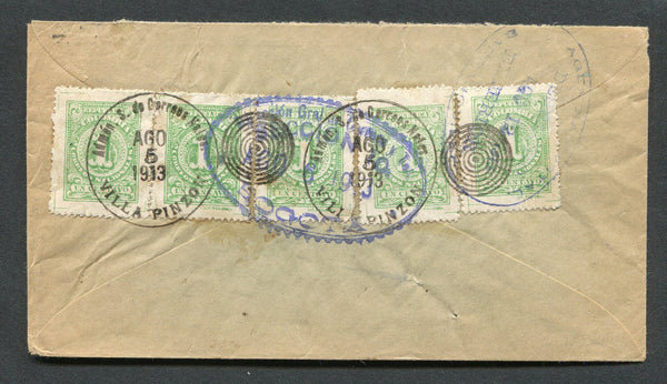 COLOMBIA - 1913 - CANCELLATION: Cover franked with 1904-1916 5 x 1c green 'Numeral' issue tied by two strikes of ADMON S DE CORREOS NALES VILLA PINZON duplex cds. Addressed to USA with various BARRANQUILLA & BOGOTA transit marks on front & reverse.  (COL/8396)
