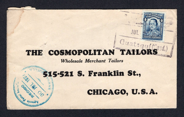 COLOMBIA - 1927 - CANCELLATION: Cover franked with 1923 4c blue (SG 395) tied by fine strike of large boxed REPUBLICA DE COLOMBIA CORREOS NACIONALES GUATAQUI (CUND) cancel in black. Addressed to USA with BARRANQUILLA transit cds on front.  (COL/8401)