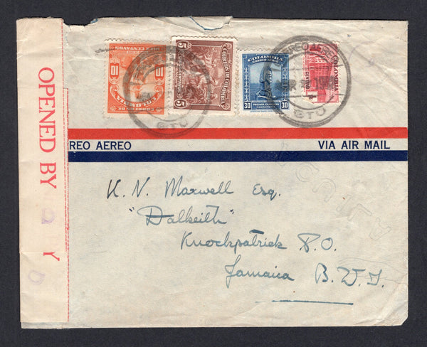 COLOMBIA - 1942 - CANCELLATION & CENSORSHIP: Airmail cover with manuscript 'From Mulready, Fontino Gold Mines, Segovia, Antioquia, Re of Colombia' return address on reverse franked with 1934 5c brown & 10c orange, 1941 30c blue AIR issue and 1940 ½c scarlet TAX issue (SG 459/460, 572 & 543) tied by multiple strikes of CORREO AEREO OTU cds's dated ABR 21 1942. Addressed to KNOCKPATRICK P.O. JAMAICA, censored on arrival with red 'Opened by Censor' censor strip with 'D' handstamps in violet and MEDELLIN trans
