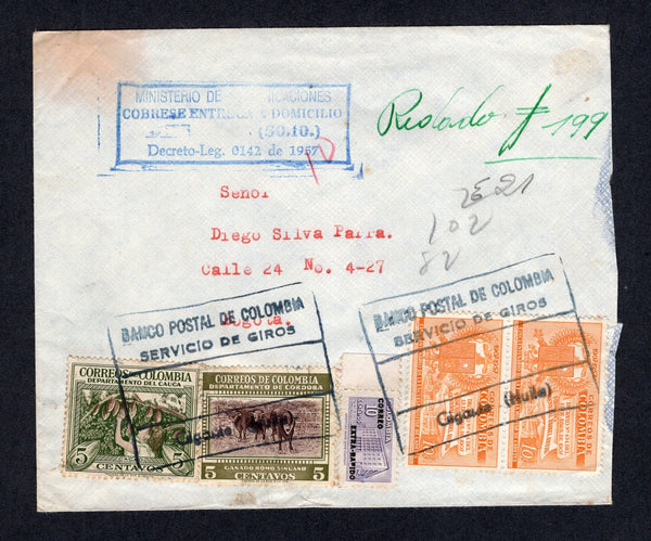 COLOMBIA - 1958 - REGISTRATION & OFFICIAL MAIL: Registered cover franked with 2 x 5c, pair 10c and 1953 10c violet 'EXTRA RAPIDO' overprint issue (SG 787) tied by large boxed GIGANTE (HUILA) cancels with boxed 'MINISTERIO DE COMMUNICACIONES COBRESE ENTREGA A DOMICILIO ($0.10) Decreto-Leg 0142 de 1957' cachet at top and manuscript registration markings. Addressed to BOGOTA with MINISTERIO DE COMMUNICACIONES boxed arrival mark on reverse. Roughly opened at right.  (COL/8426)