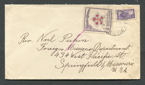 COLOMBIA - 1948 - CANCELLATION: Cover franked with 1947 5c 'Orchid' issue & 1945 1c violet TAX issue (SG 664 & 613) tied by CORREOS DE COLOMBIA VILLETA (CUN) cds. Addressed to USA with transit cds on reverse.  (COL/8431)