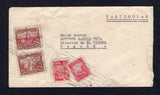 COLOMBIA - 1945 - RED CROSS PROVISIONAL ISSUE: Cover franked with 1941 15c carmine AIR issue, 1940 ½c rose red TAX issue and 1944 5c brown two copies one with red crayon cross (SG 570, 565 & 590) all tied by BARRANQUILLA roller cancel dated 2 JUN 1945. Addressed to BOGOTA with arrival cds on reverse. Rare and unusual provisional use.  (COL/8435)