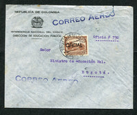 COLOMBIA - 1937 - OFFICIAL MAIL: Headed 'Republica de Colombia Intendencia Nacional del Choco Direccion de Educacion Publica' cover franked with single 1937 5c brown 'OFICIAL' overprint issue (SG O498) tied by QUIBDO cds. Sent airmail to BOGOTA with large 'Correo Aereo' markings on front and official cachet on reverse all in blue. Arrival cds also on reverse.  (COL/8436)