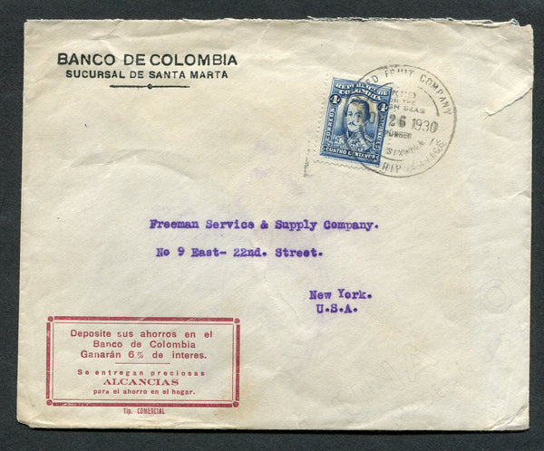 COLOMBIA - 1930 - MARITIME MAIL: Headed 'Banco de Colombia' cover franked with single 1923 4c blue (SG 395) tied by fine strike of UNITED FRUIT COMPANY POSTED ON THE HIGH SEAS PURSER S/S SIXAOLA STEAMSHIP SERVICE cds in black. Addressed to USA.  (COL/8437)
