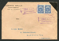 COLOMBIA - 1926 - STAMP SHORTAGE: Cover franked with pair 1923 3c blue (SG 394) tied by CARTAGENA cds on purple with two strikes of provisional boxed 'PAGO 1 CTS CARTAGENA' cachet adapted from one of the large boxed postal cancellations to pay the additional 2c due to shortage of 1c & 2c stamps. Addressed to UK. Cover is trimmed at base and has clipped corner but a rare provisional use. Pictured and described in Copacarta Journal of the Colombia & Panama Philatelic Study Group Vol 24 No. 4 page 3.