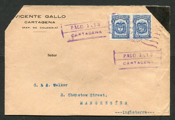 COLOMBIA - 1926 - STAMP SHORTAGE: Cover franked with pair 1923 3c blue (SG 394) tied by CARTAGENA cds on purple with two strikes of provisional boxed 'PAGO 1 CTS CARTAGENA' cachet adapted from one of the large boxed postal cancellations to pay the additional 2c due to shortage of 1c & 2c stamps. Addressed to UK. Cover is trimmed at base and has clipped corner but a rare provisional use. Pictured and described in Copacarta Journal of the Colombia & Panama Philatelic Study Group Vol 24 No. 4 page 3.